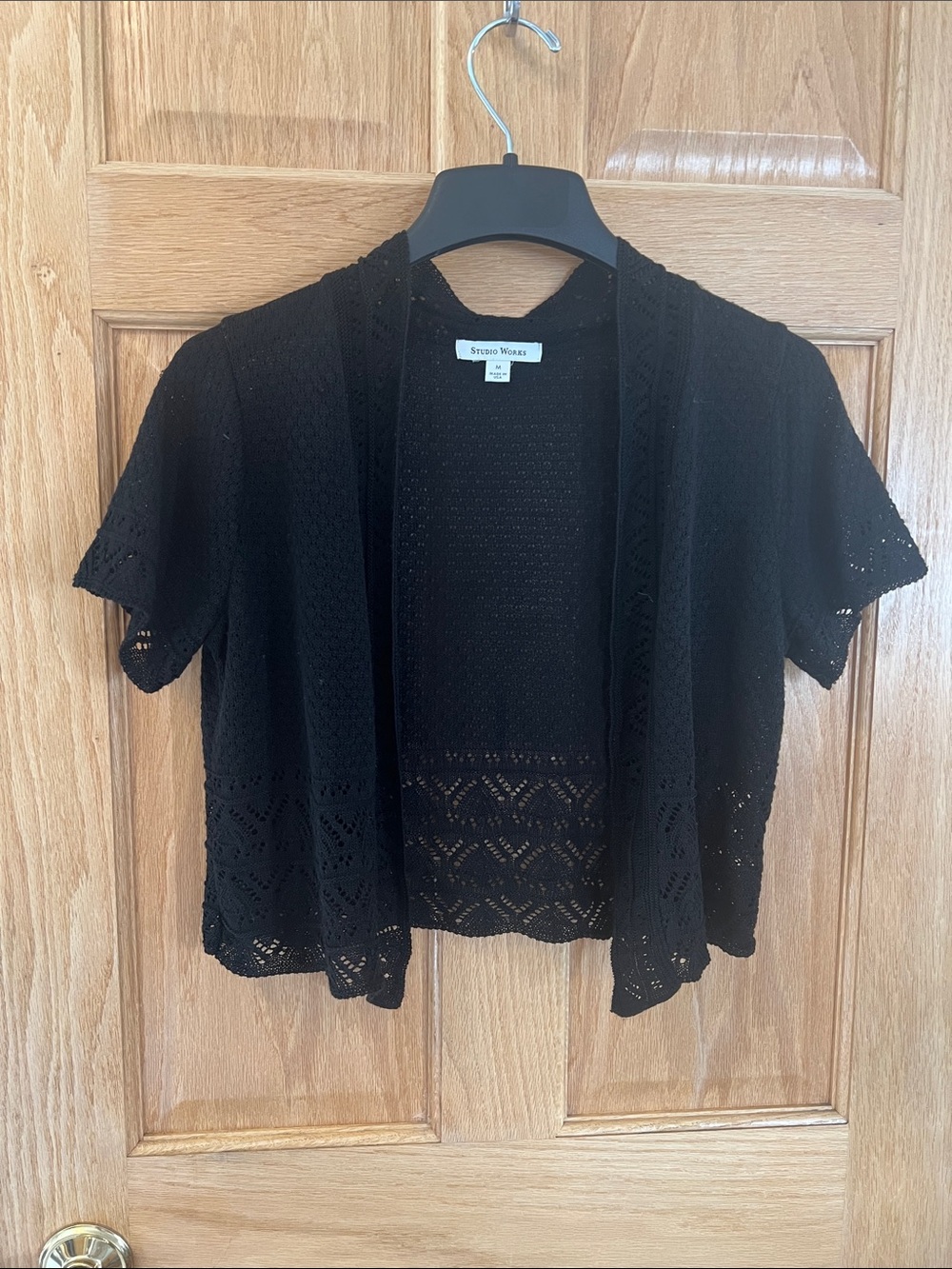 Studio Works Black Crochet Open-Front Cardigan - Shrug - Medium